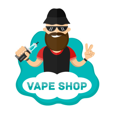 flat illustration of man with vape character. Vape shop logo. Isolated on white backgroundのイラスト素材