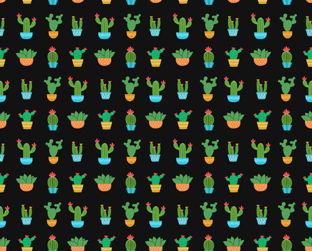 Cactus flat design illustration seamless vector pattern. Isolated on black background