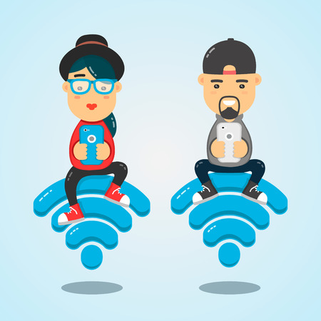 Young men and women characters sitting on wireless emblem and using smartphone for internet. free internet concept. flat design illustration isolated setのイラスト素材