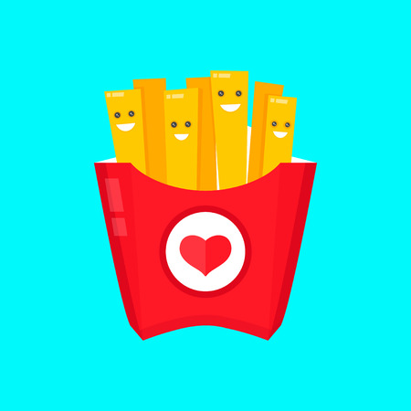 French fries in paper box, isolated vector flat design illustration. Smiling french fries character