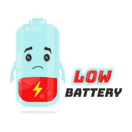 Low battery character design. Vector flat cartoon illustration. Energy power concept. Isolated on white backgroundのイラスト素材