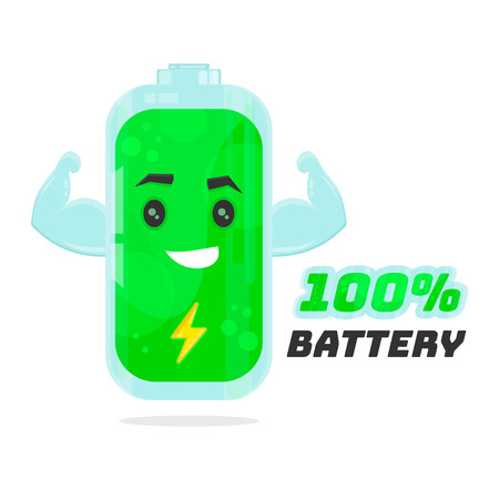 Full 100% battery character design. Vector flat cartoon illustration. Energy power concept. Isolated on white backgroundのイラスト素材