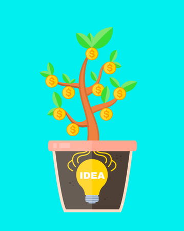 Business concept idea is profitable. lightbulb idea sign in a pot with money tree. Idea make money. Vector flat cartoon isolated illustrationのイラスト素材
