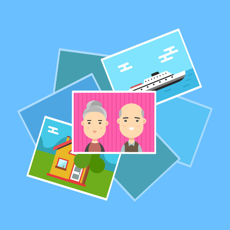 Pile of photos. Photo of family and traveling. Vector cartoon modern trendy stylish flat character illustration icon design. Isolated on blue background. Photo archive conceptのイラスト素材