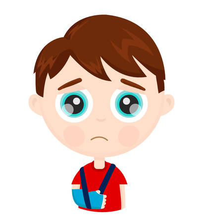 Cute sad little boy kid child with broken arm in plaster. Vector modern flat style cartoon character illustration. Isolated on white backgroundのイラスト素材