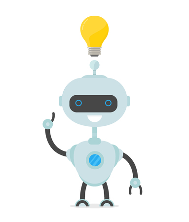 Robot man have idea.Bulb over the head of a robotVector flat cartoon illustration character icon.Isolated on white background.のイラスト素材