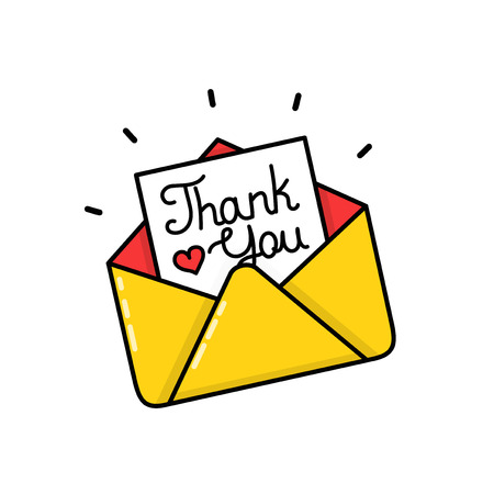 Thank you calligraphy inscription letter in envelope. Vector modern line outline flat style cartoon illustration icon. Isolated on white background.  Card conceptのイラスト素材