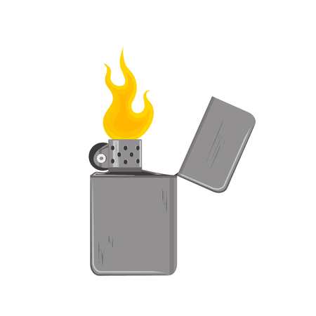 Old vintage lighter with fire. Vector modern style flat cartoon illustration design icon. Isolated on white background.のイラスト素材