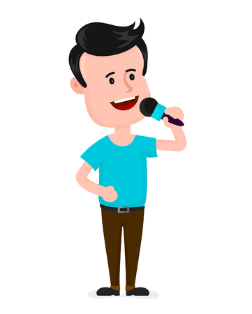 Young man with microphone singing in karaoke. Vector modern flat style cartoon character illustration.のイラスト素材