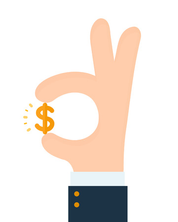 Businessman hand shows gesture okay with dollar sign. Vector modern style flat cartoon illustration design icon. Isolated on white background. Business success, profit,luck, money conceptのイラスト素材