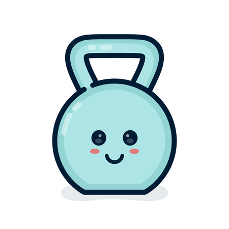 Cute happy smiling dumbbell. Vector modern line outline flat style cartoon character illustration icon. Isolated on white background. sport fitness conceptのイラスト素材