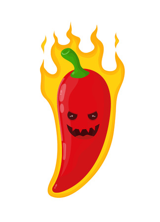 Burn hot angry evil chili pepper in fire flame. Vector modern flat style cartoon character illustration. Isolated on black background. Concept for hot menuのイラスト素材