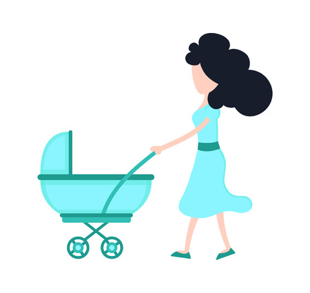 Young beauty mother mom with child baby in a stroller. Vector flat cartoon character illustration modern syle icon design. Isolated on white backgroundのイラスト素材