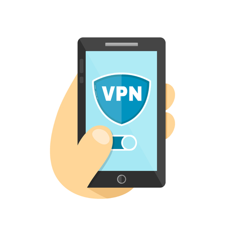 Hand hold smartphone with VPN app. Vector flat modern style illustration icon design. Isolated on white background. VPN protect safety internet wifi conceptのイラスト素材