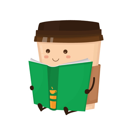Coffee paper cup read book vector flat style cartoon fun character  illustration. Cute happy icon.  Take away coffee, cafe concept. Isolated on white backgroundのイラスト素材