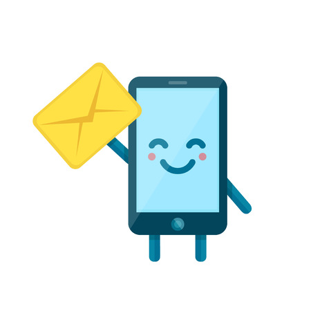 Your smartphone friend have a message for you. Vector flat illustration icon cartoon phone character. Isolated on white background. Message letter send on mobile phone. Sms, email conceptのイラスト素材