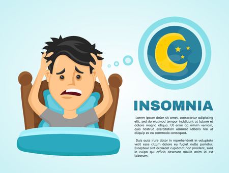 Insomnia infographic.Young man suffers from lack of sleep. Vector flat modern style illustration character icon design. Isolated on white background.  Healthy care, bad body balance, insomnia conceptのイラスト素材