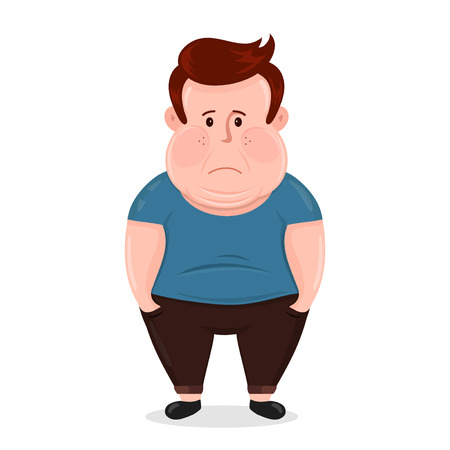 Vector flat illustration young man character with a obesity icon. excess weight problem, fat, health care, unhealthy lifestyle concept design. Isolated on white backgroundのイラスト素材