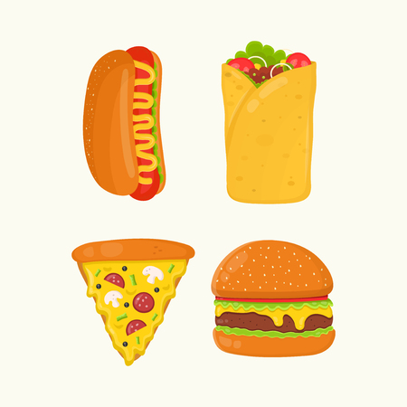 Hot dog, burrito, pizza, burger, cheeseburger. Flat vector cartoon isolated meal, delivery, cafe, fun illustration icon set. Isolated on white background. Fast food menu conceptのイラスト素材
