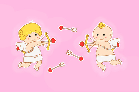 valentines day concept. vector flat cartoon angel character illustration. cupid girl and boy play,...