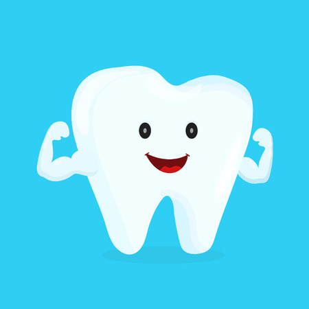 Strong happy healthy white tooth character. Vector flat cartoon illustration icon design. Isolated on blue backgoundのイラスト素材
