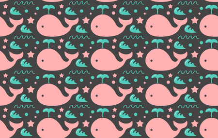 sweet whales sea, ocean decorative seamless pattern. isolated on black background. vector flat design illustrationのイラスト素材