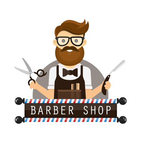 young hipster man barber. vector flat design illustration icon cartoon character. concept icon for barber shop. scissors and a razor in hands, glasses, beard. isolated on white backgroundのイラスト素材