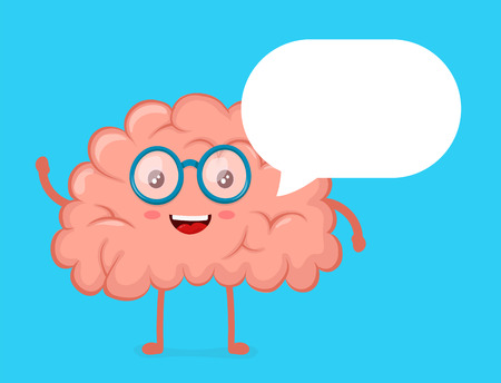 Strong cute healthy happy brain character talking dialog bubble speech. Vector flat cartoon illustration icon design. Isolated on blue background. Healthy brain  conceptのイラスト素材