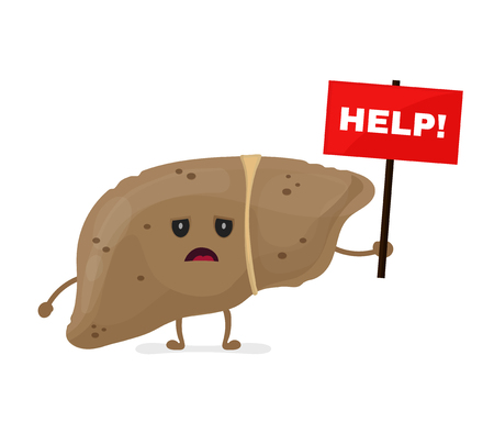 Sad unhealthy sick liver with nameplate help. Vector modern style cartoon character illustration icon design. help unhealthy liver concept.のイラスト素材