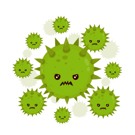 Cute angry evil bad fly germ virus infection,micro bacteria.Vector modern flat style cartoon character illustration.Isolated on white background.Microbe, Pathogen, Virus icon.Cancer conceptのイラスト素材