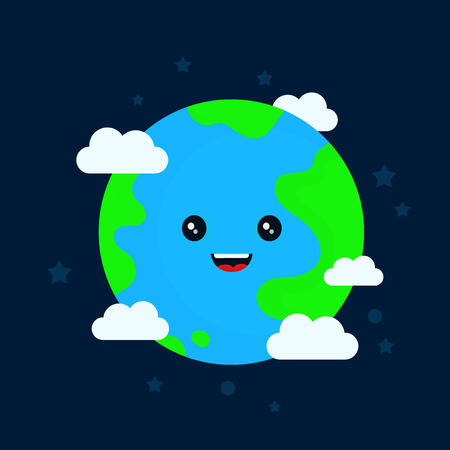 Happy funny cute smiling earth character. Vector flat cartoon illustration icon design. Isolated on white background. Earth planet conceptのイラスト素材