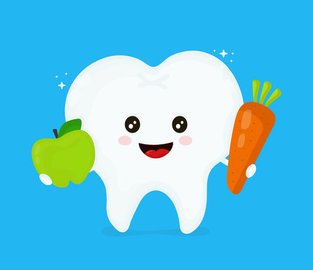 Cute smiling, happy healthy tooth with carrot and apple. Hygiene medical, good teeth, nutrition food concept. Vector flat illustration icon cartoon character design.のイラスト素材