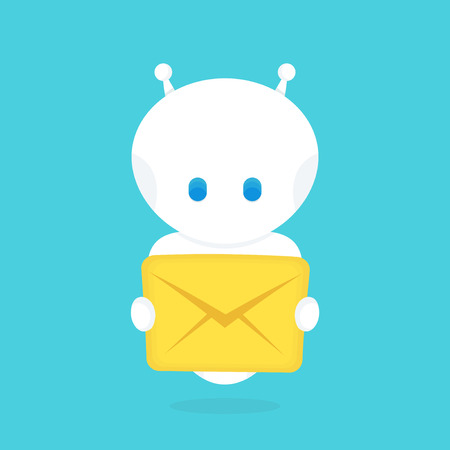 Cute happy smiling funny robot chat bot with with new letter,message.Vector flat cartoon character illustration icon design.のイラスト素材