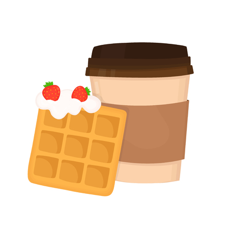 Viennese waffle with whipped cream and strawberries and coffee cup. Flat vector cartoon illustration icon design. Isolated on white background fast food dessert concept.のイラスト素材