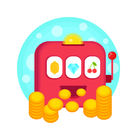 Slot machine isolated on whte. One arm gambling device. Casino jackpot, slot machine, fruit machine, luck game, chance and gamble, lucky fortune. Vector flat cartoon character illustrationのイラスト素材