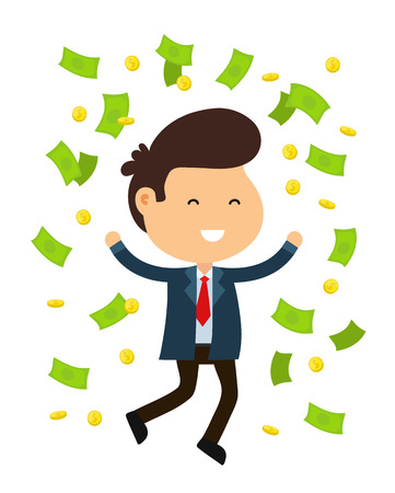 Young happy funny smiling businessman man jump. rain out of money and coins. Vector flat cartoon character illustration icon design. Isolated on white backgroundのイラスト素材