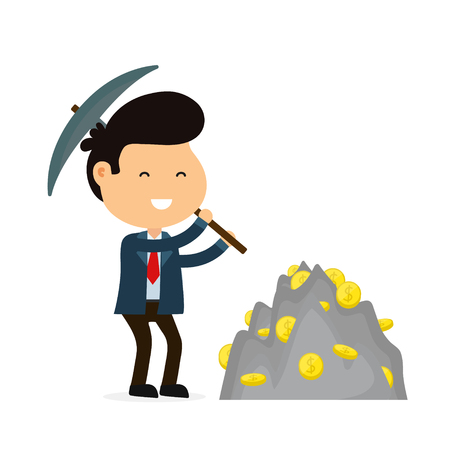 Young smiling businessman with a pick axe, working in money coin mine vector illustrationのイラスト素材