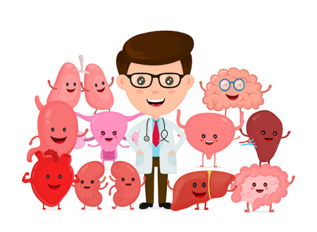 Doctor with human internal organs. Vector flat cartoon character illustration icon design. Isolted on white background. Stomach,heart,lungs,brain,kidney, uterus, spleen,bladder, liver, intestineのイラスト素材