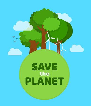 Save the planet, ecology, eco friendly concept. Planet earth with green tree and windmill. Vector flat cartoon character illustration icon design. Isolated on blue background. Ecology card,posterのイラスト素材