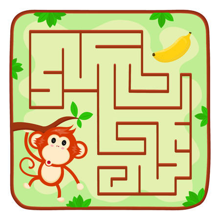 Labyrinth kids game. Help monkey find banana in jungle.Educational maze game for children concept. Vector flat cartoon illustration icon design. Monkey on tree characterのイラスト素材