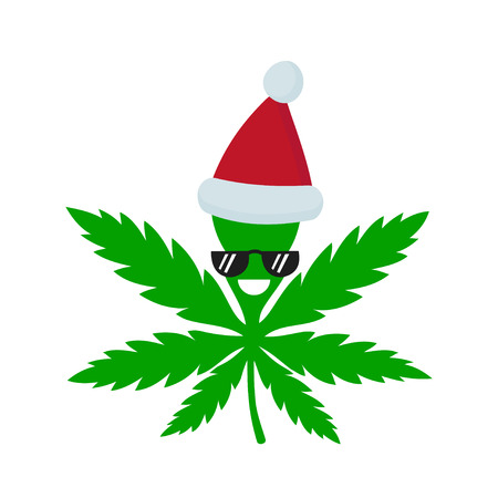 Smiling happy marijuana weed in christmas hat. Vector flat cartoon character illustration icon design. Isolated on white background.Weed, marijuana. ganja, medical and recreation cannabisのイラスト素材