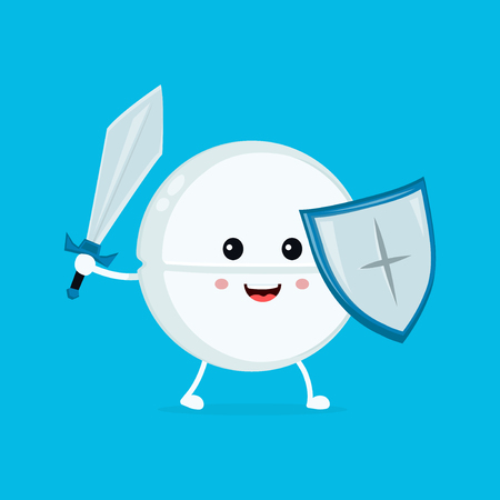 Cute happy funny strong tablet pill guardian with sword and shield. Vector flat cartoon character illustration icon design.  Pill, tablet, health, medical antibiotic conceptのイラスト素材