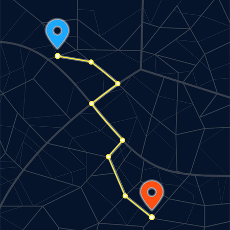 Navigation concept with pin pointer. Vector flat cartoon illustration icon deisign.A point on the map. Get directions. Route planning. Build route. The direction of itinerary. Starting point conceptのイラスト素材