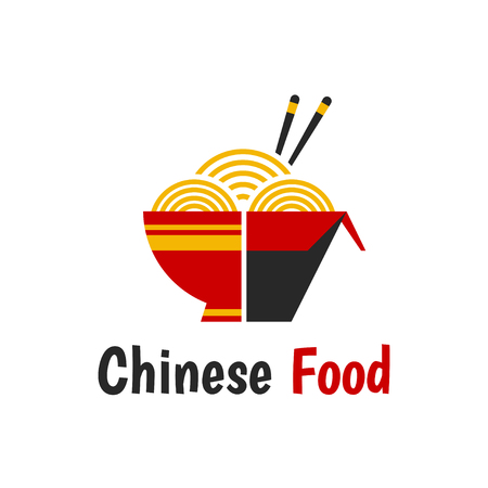 Chinese food isolated flat cartoon vector illustration icon isolated on white background. Noodles box, original recipe, chopsticks, wok noodles. Chinese food logo conceptのイラスト素材