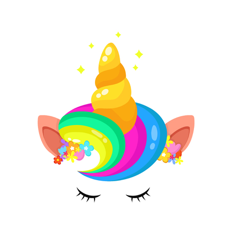 Cute unicorn rainbow hair and horn with flowers wreath face mask and stars. Vector flat cartoon character icon design. Isolated on white background. Unicorn face mask conceptのイラスト素材