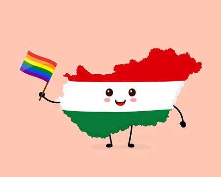 Cute funny smiling happy Hungary map and flag character with rainbow LGBT gay flag. Vector cartoon character illustration icon design. Hungary Human rights. LGBTQ. Gay pride conceptのイラスト素材