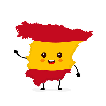 Cute funny smiling happy Spain map and flag character. Vector cartoon character illustration icon design. Spain  map outline conceptのイラスト素材