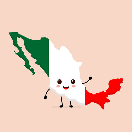 Cute funny smiling happy Mexico map and flag character. Vector cartoon character illustration icon design. Mexico map outline conceptのイラスト素材
