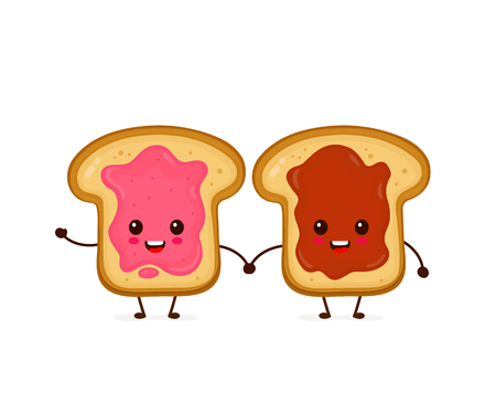 Happy cute smiling funny kawaii toasts with jam and peanut butter.Vector flat cartoon character illustration icon.Cute kawaii toast,good morning card,breakfast conceptのイラスト素材