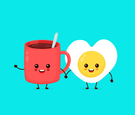 Happy cute smiling funny fried egg and cup of tea,coffee.Vector flat cartoon character illustration icon.Isolated on blue background.Cute fried heart form egg character,morning conceptのイラスト素材
